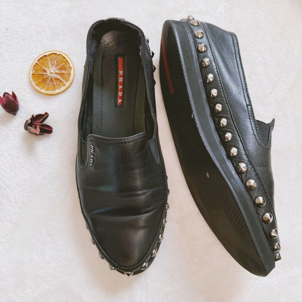 Prada Sport Womens Shoes Skate Slip On Black Flats Silver Stud Leather 37.5